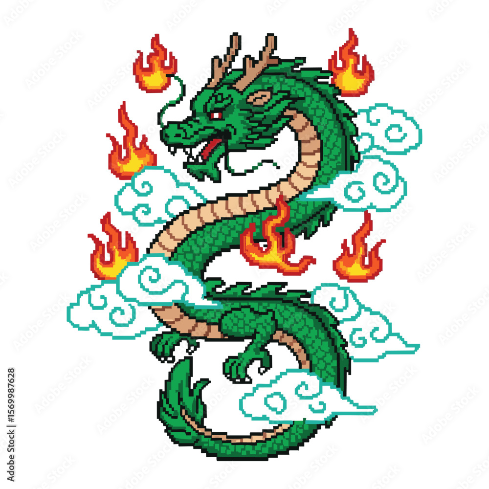Fototapeta premium Pixel Art Dragon: Asian Mythology, Chinese Dragon, Fire Breath, 8-Bit Design, Mythical Creature, Eastern Dragon Illustration