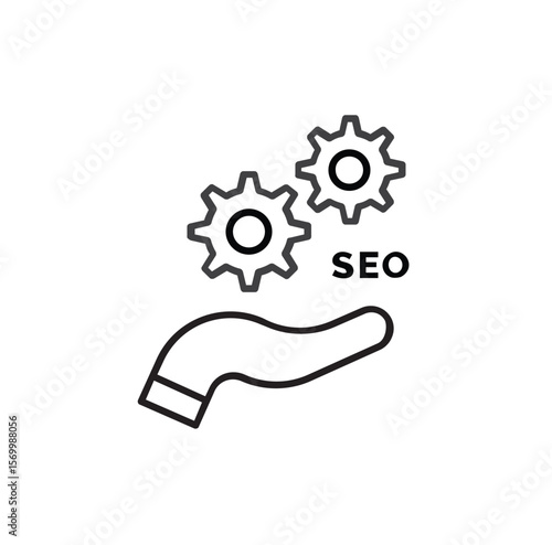 Minimal Vector Icon Showing SEO Text with Gear Wheels Representing Search Optimization and Web Settings

