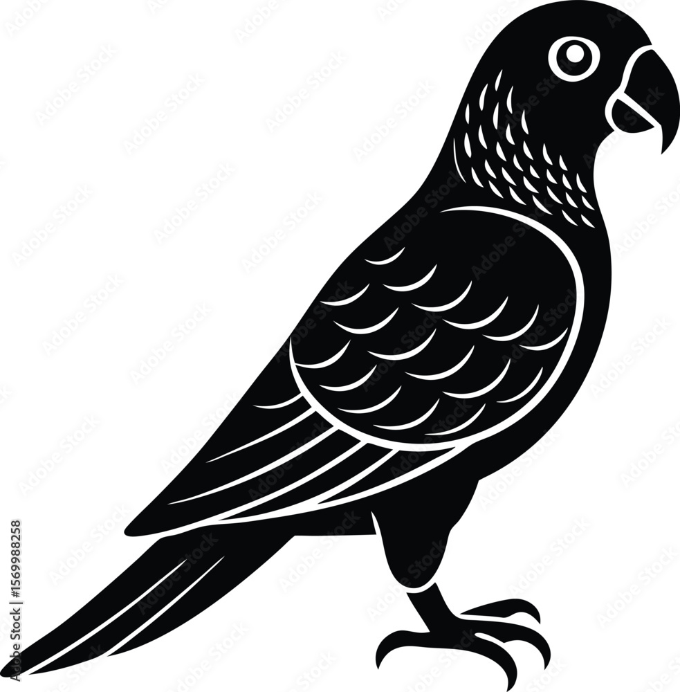 Obraz premium Silhouette Parrot Illustration: An elegant, monochrome illustration of a parrot. The sleek lines define the parrot's distinctive features, showcasing its curved beak, keen eye, and composed posture.