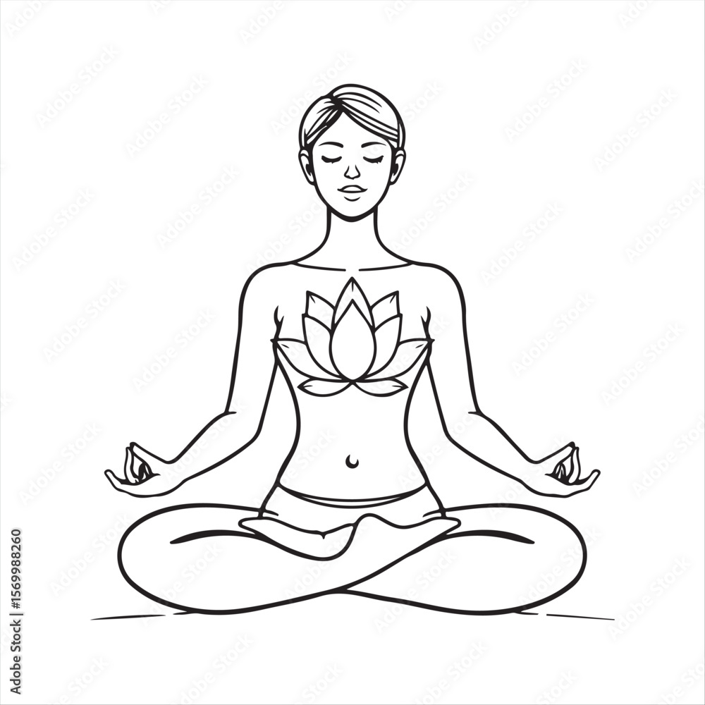 black and white illustration. Single line drawing of a woman in a meditative pose, a lotus flower unfolding from her heart. Simple, elegant, monoline style, high contrast, minimal detail. black and white illustration. Single line drawing of a woman in a meditative pose, a lotus flower unfolding from her heart. Simple, elegant, monoline style, high contrast, minimal detail.