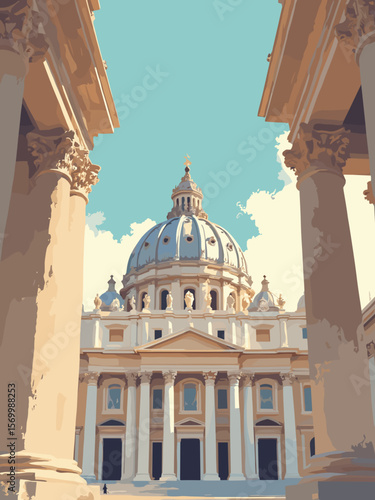 St Peter’s Basilica in Vatican City, dramatic upward view of dome with marble columns and gold trim