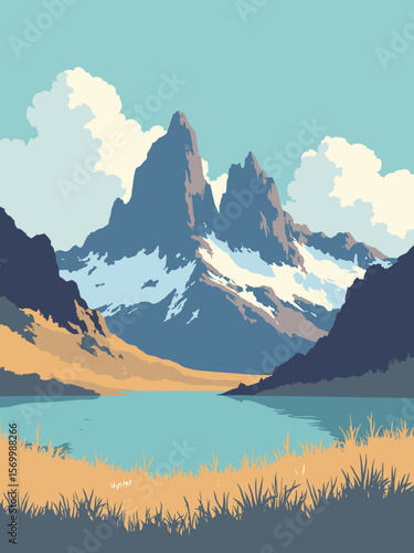 Torres del Paine sharp granite peaks in Patagonia with blue lakes, golden grass, and cloudy skies
