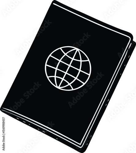 Global Travel Companion: A minimalist illustration of a passport featuring a world globe, symbolizing international travel and exploration.