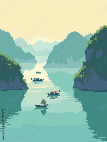 Ha Long Bay with emerald waters and limestone karsts, traditional boats drifting under morning mist