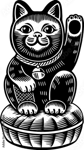 Lucky cat figurine waving with a raised paw on circular base  