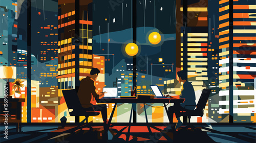 Late Night Office Hustle: A Flat Vector Illustration of a Busy Workplace job desk dark files clean  