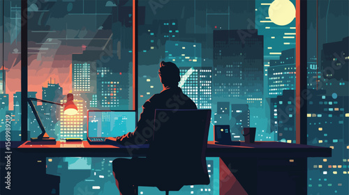 Late Night Office Hustle: A Flat Vector Illustration of a Busy Workplace Scene, Perfect for Modern  