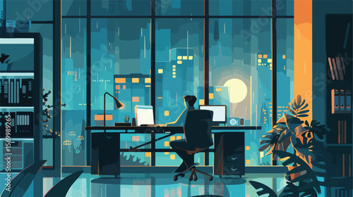 Late Night Office Hustle: A Flat Vector Illustration of a Busy Workplace desk dark files light clean