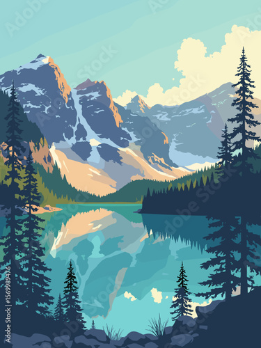 Moraine Lake glowing turquoise waters, pine trees surrounding, and sharp peaks in golden hour light