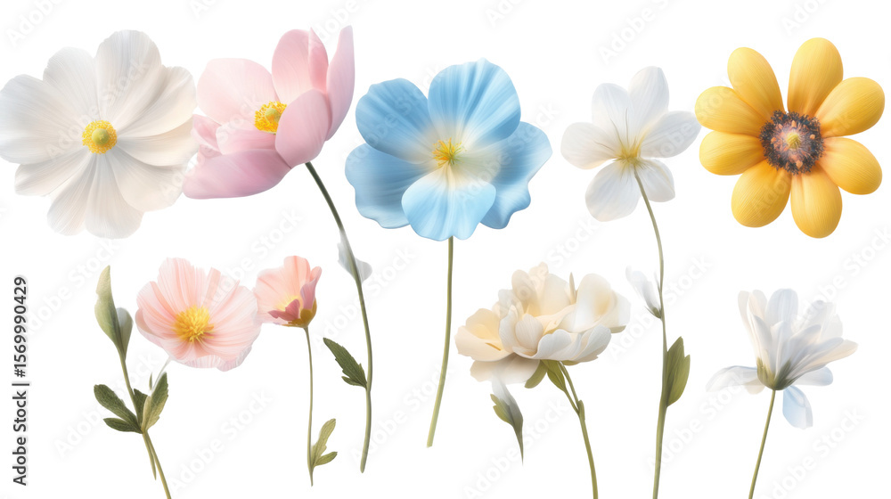 Obraz premium Set of beautiful white blue pink yellow flowers 3d render icon on white background 