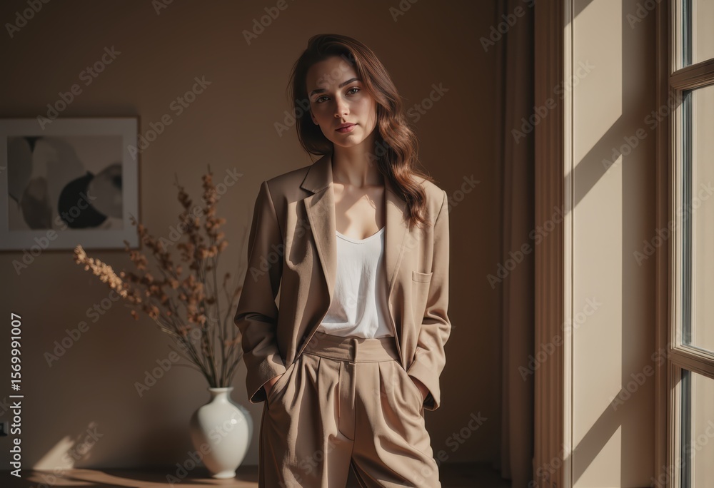 Fototapeta premium Interior designer in a mocha mousse colored room, exuding elegance and creativity