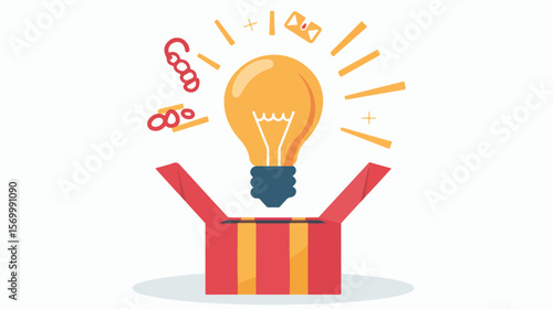 Brilliant Idea! Gift Box with Shining Light Bulb, Flat Vector Illustration, Isolated on White       