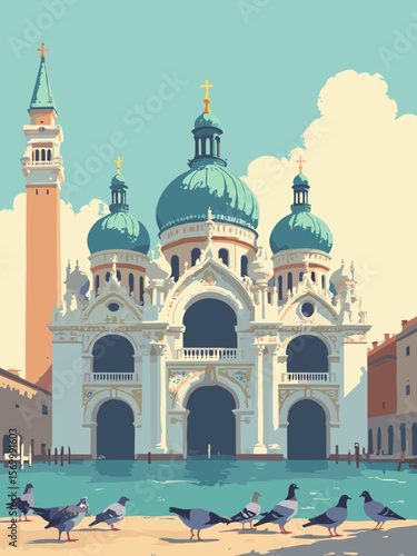 Saint Mark’s Basilica in Venice with ornate mosaics, domes, and pigeons in the foreground