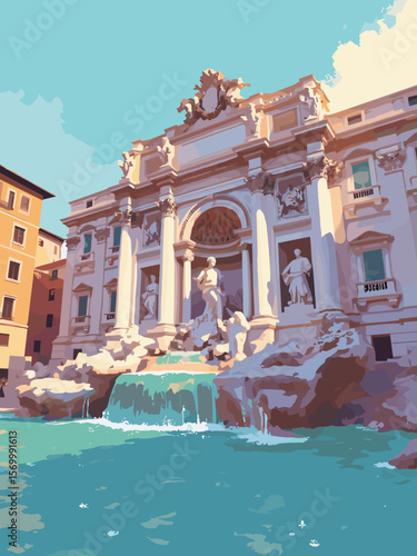Trevi Fountain in Rome flowing with water lit by warm light, intricate baroque sculptures