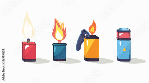Four Flat Icon Lighters: Igniting Design, Fire, Flame, Inferno, Ember, Burning, Match, Heat, Spark, 