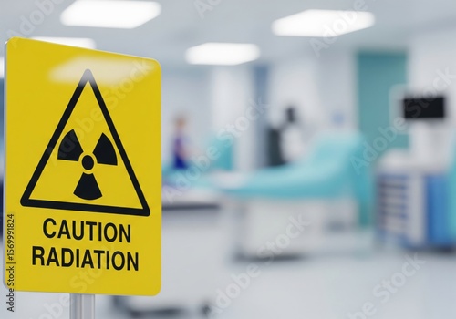 Medical Radiation Hazard Sign. Prominent yellow warning notice with a radioactivity emblem signifies caution about invisible energy in a sterile setting. It represents safety and clinical risk.