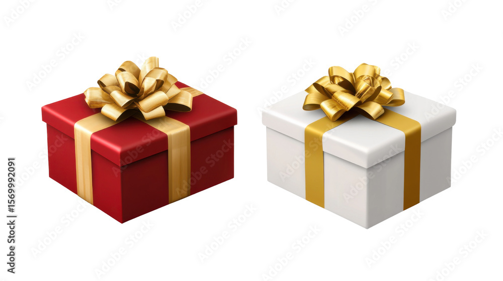 Obraz premium Two white and red gift boxes with golden ribbon isolated on white background 