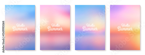 Summer blur gradient backgrounds set. Sunrise or sunset in ocean. Bright gradient summer sea. Sunset and sunrise sky colors. Blue, purple, orange, pink, yellow. Vector illustration.
