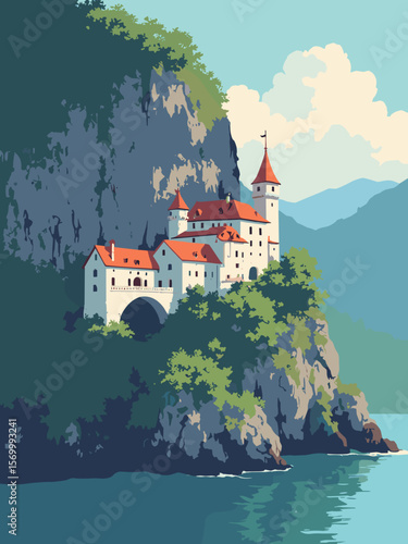 Predjama Castle built into rocky cliff face in Slovenia, with drawbridge and medieval texture