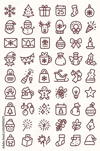 Christmas outline icons – simple line art symbols and decorations
