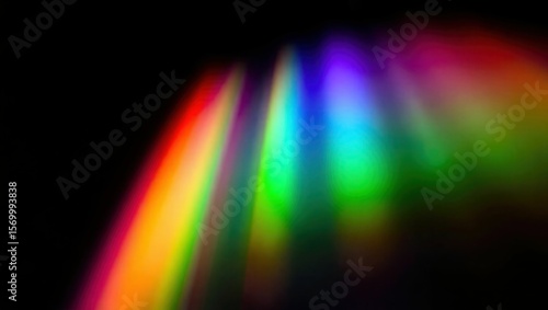 Blurred rainbow refraction overlay effect. Light lens prism effect on black background. Holographic reflection, crystal flare leak shadow overlay. Colorful rainbow disco ball light