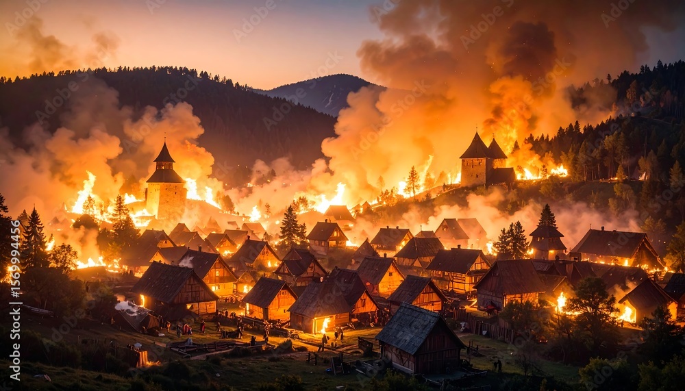 Village ablaze at twilight Village ablaze at twilight