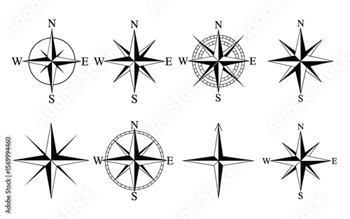 Set of Vintage and Modern Compass Rose Icons