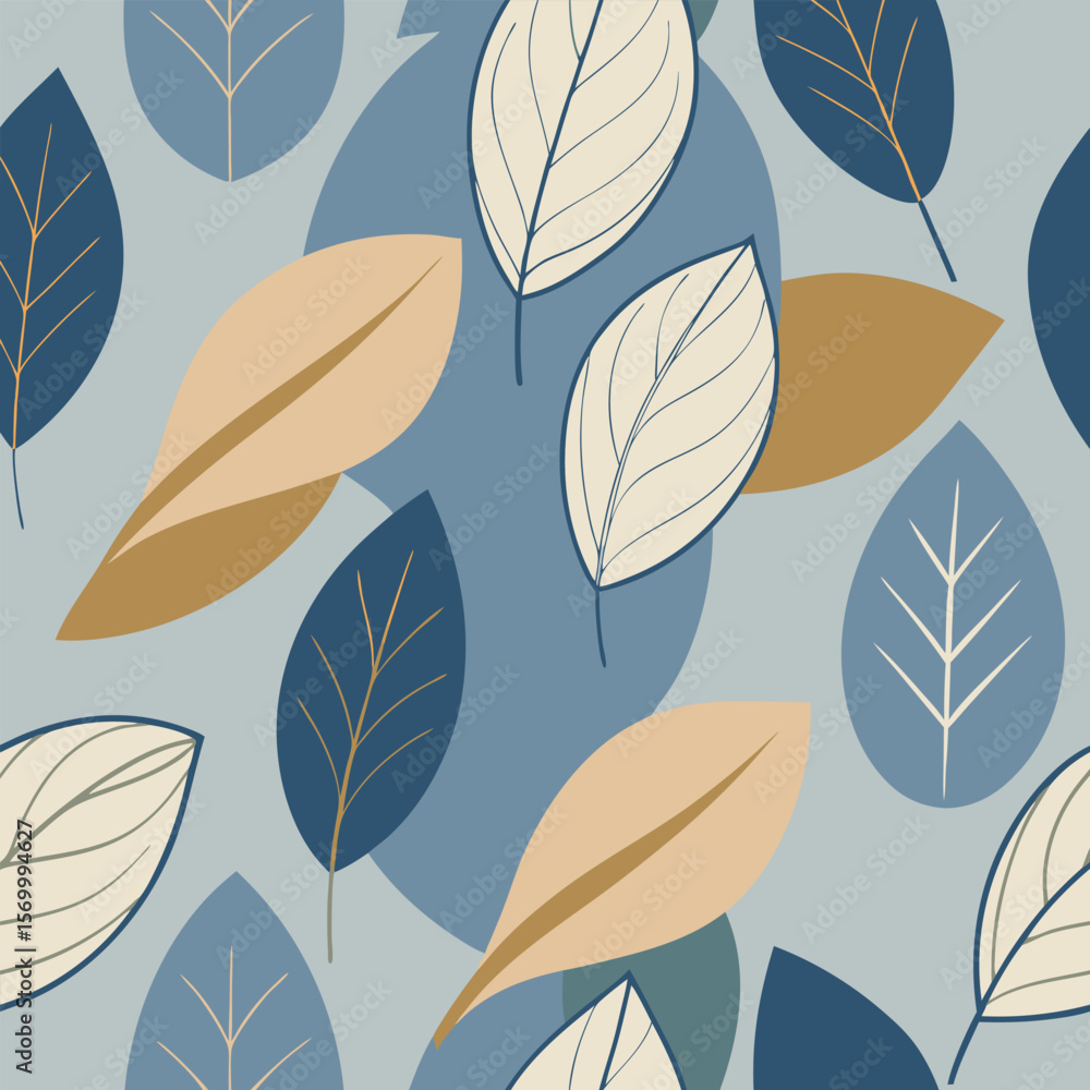 Elegant minimal floral pattern with artistic leaf prints featuring various tones of blue and beige colors seamless design Elegant minimal floral pattern with artistic leaf prints featuring various tones of blue and beige colors seamless design