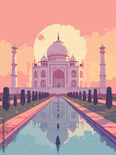 Taj Mahal in sunrise glow with white marble reflecting pink-orange sky, Mughal garden symmetry, and intricate domes