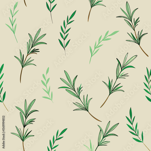 Seamless minimal floral pattern featuring beautiful hand drawn leaf prints scattered across a light beige background