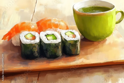 Sushi paired with a cup of hot green tea, a calming combination