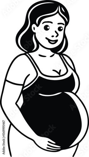 Expecting Mother Line Art: A stylized line art illustration of a pregnant woman, gently cradling her baby bump. Her face beams with joy and anticipation of the new life to come.