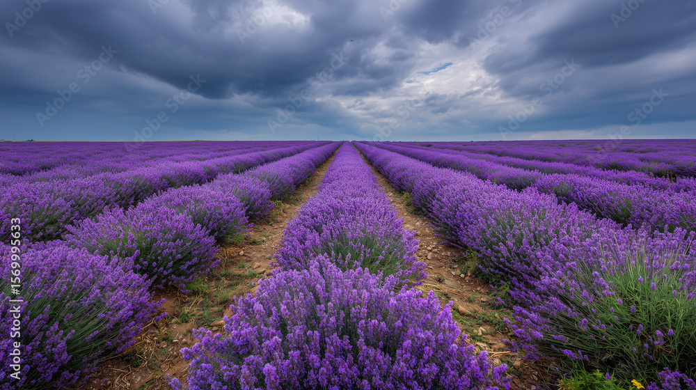 Obraz premium Lavender field under cloudy sky