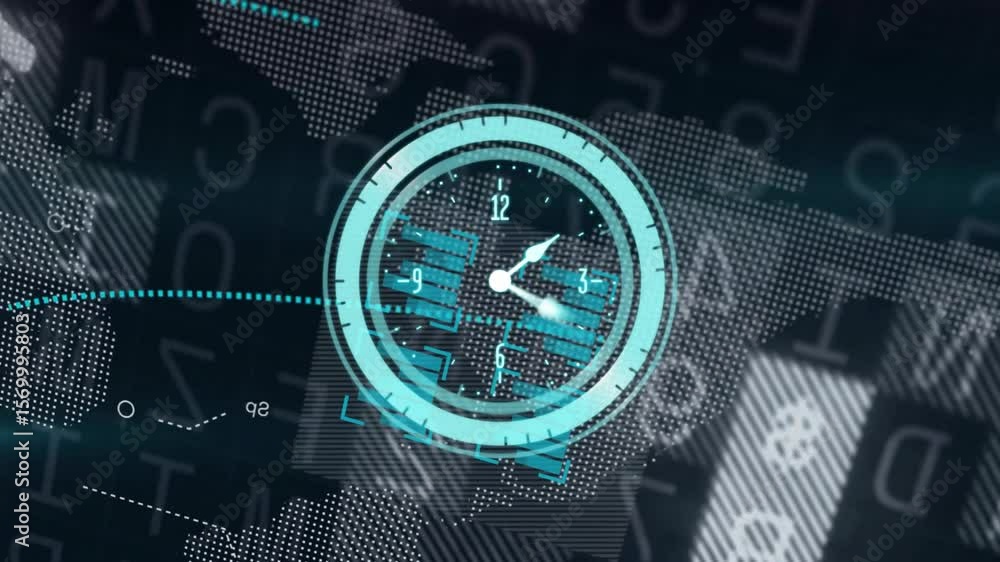 On world map appearing, turquoise clock drawing ring and rotating hands ...