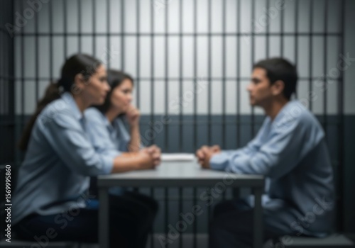 Prison Interrogation Room Scene. A blurred visual of individuals within a detention setting, conveying a sense of weighty discussion. Represents justice, confinement, and serious legal matters.