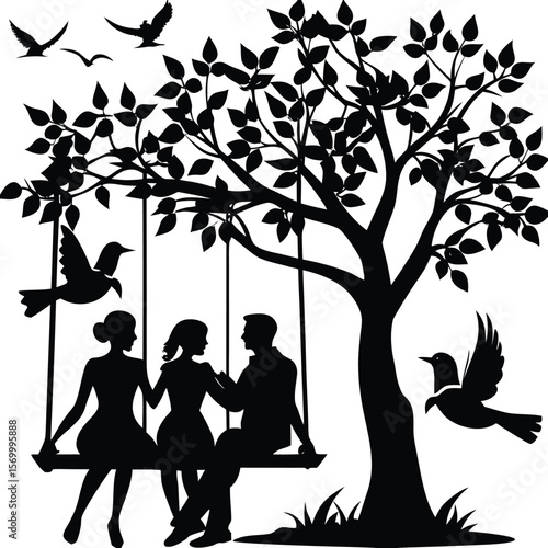 Happiness and love illustrate a family's silhouette playing in a spring park, with a child, woman, and boy enjoying nature's landscape, natural, environment, playful, children