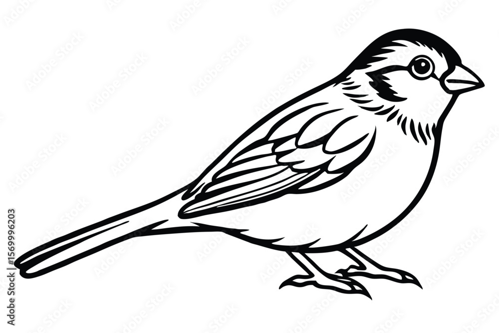 Fototapeta premium Sparrow Illustration Detailed Black and White Drawing of a Small Bird with Fine Line Work