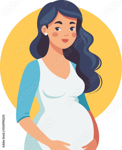 Expecting Mother: A radiant pregnant woman with long dark hair, gently caressing her baby bump, exudes serenity and joy. Her soft smile reflects the anticipation and wonder of motherhood.