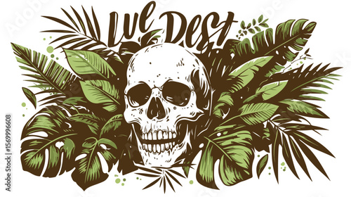 Memento Mori: Tropical Skull & Palm Leaf Design -  Live, Death, Slogan, Graphic, Illustration art   