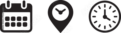 Black Calendar Icon Clock Icon Location Pin Icon Set Simple Flat Design Time Management Schedule Appointment Reminder Event Planning