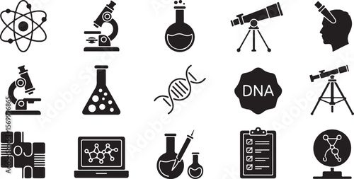 Black Glyph Icon Set Depicting Science and Education Concepts Including Microscopes Telescopes Erlenmeyer Flasks D N A Strands Atom Models and a Checklist