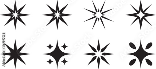 Collection of Eight Retro Futuristic Sparkle Icons Black and White Starburst Designs Geometric Shapes Graphic Elements for Digital Design Projects