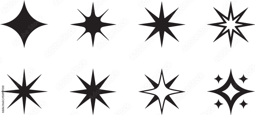 Eight Retro Futuristic Sparkle Icons Black and White Geometric Starburst Shapes Graphic Design Elements Collection Eight Retro Futuristic Sparkle Icons Black and White Geometric Starburst Shapes Graphic Design Elements Collection
