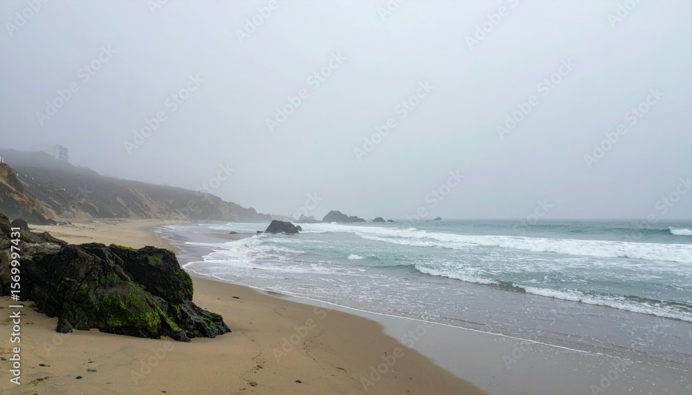 Foggy Beach Scene with Rocks and Gentle Waves on a Calm Day Foggy Beach Scene with Rocks and Gentle Waves on a Calm Day