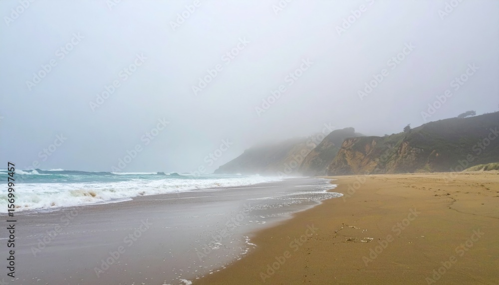 Serene Foggy Beach Landscape with Gentle Waves and Rocky Cliffs Serene Foggy Beach Landscape with Gentle Waves and Rocky Cliffs