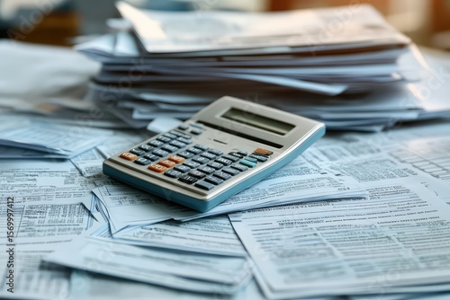 Tax preparation documents and a calculator, accountant intently working