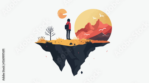 Fractured Reality: A Surreal Journey Between Two Worlds. Flat vector illustration, isolated on white