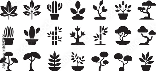 Twenty Four Black Glyph Icons Depicting Various Plants Trees and Botanical Elements Including Potted Plants Bonsai Trees and Bamboo in a Simple Vector