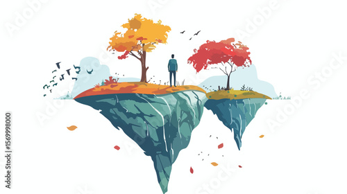 Surreal Split Reality: A Flat Vector Illustration of Being Between Two Worlds art mind choice enigma