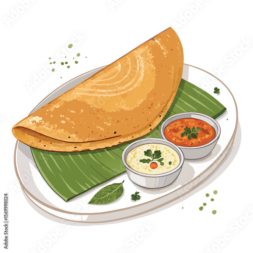 South Indian breakfast Masala dosa served with Coconut chutney and Sambar